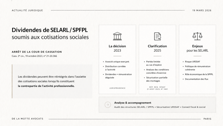 SELARL et SPFPL : les dividendes peuvent-ils être soumis aux cotisations sociales ? | DE LA MOTTE AVOCATS