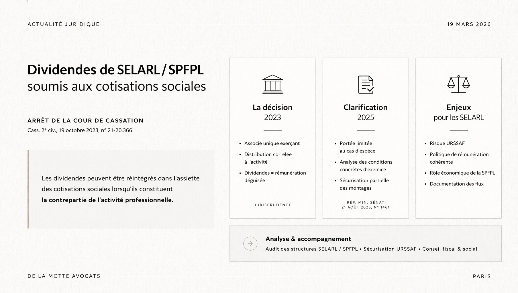 Schéma juridique sur les dividendes de SELARL et SPFPL soumis aux cotisations sociales